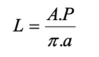 Formula: the constant radiance of the surface, if one sends a uniform laser beam of power P on a lambertian surface of area a and albedo A