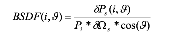 Formula of the Bidirectional Scattering Distribution Function (BSDF) in its simplified form limited to the incidence plane (φ=0)