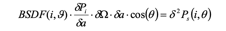 Formula of the Bidirectional Scattering Distribution Function (BSDF) rearranged to show its relation to the radiometric quantity 'radiance' by replacing the total incoming power by the power per surface unit δa