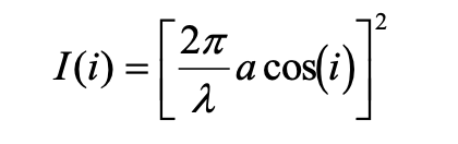 Formula: the relation giving the diffracted intensity for small angles (i~θ)