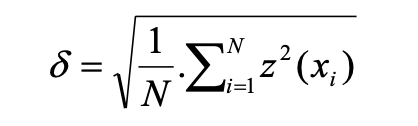 Formula defining the rms µ-roughness δ, if the surface profile is z(x) measured at N equidistant points xi along along a line of length L with respect to a reference chosen such that Σz(xi) averages to 0 over L