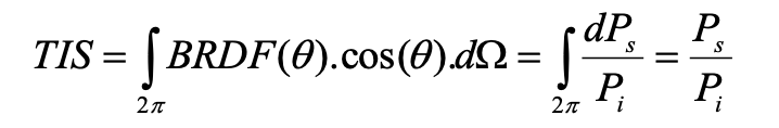 Formula: the TIS without the reflectivity term, that is computed by ray tracing programs (for instance Zemax)